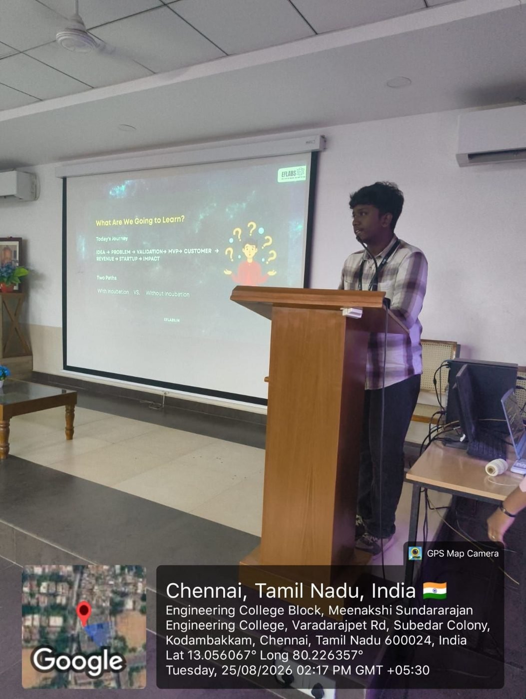 Nithveen Kavi P presenting the Idea to Impact session at Meenakshi Sundararajan Engineering College